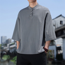 2025新款夏季风纯色立领上衣盘扣休闲T恤宽松潮流男T2505-P45，男装T恤，电商A008