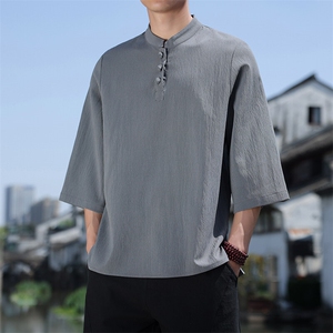 2025新款夏季风纯色立领上衣盘扣休闲T恤宽松潮流男T2505-P45图片
