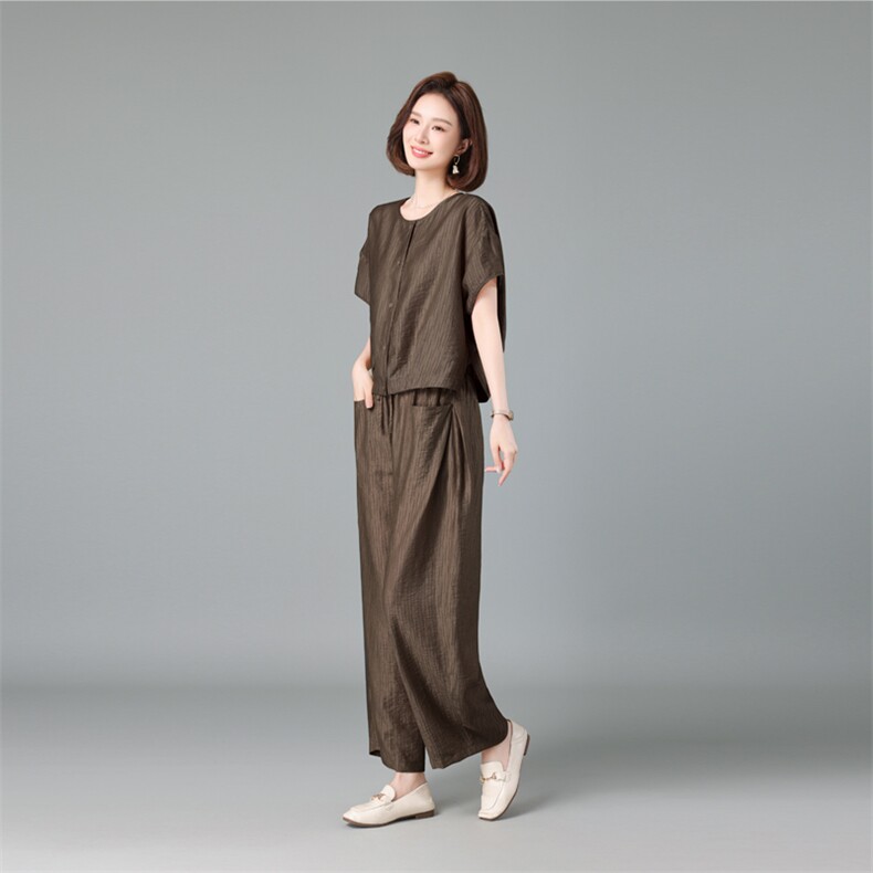 中年妈妈天丝棉麻套装女夏季新款贵夫人短袖衬衫阔腿裤减龄两件套，女装套装/套裙，深水步