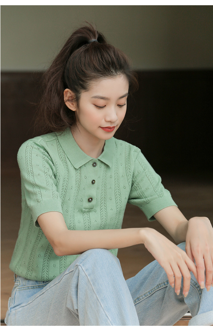 polo领短袖t恤女夏装新款韩版宽松百搭上衣,针织衫/毛衣,狄美羊绒
