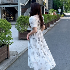 《现货新品》法式轻熟风泡泡袖水墨花连衣裙，女装连衣裙，MQ