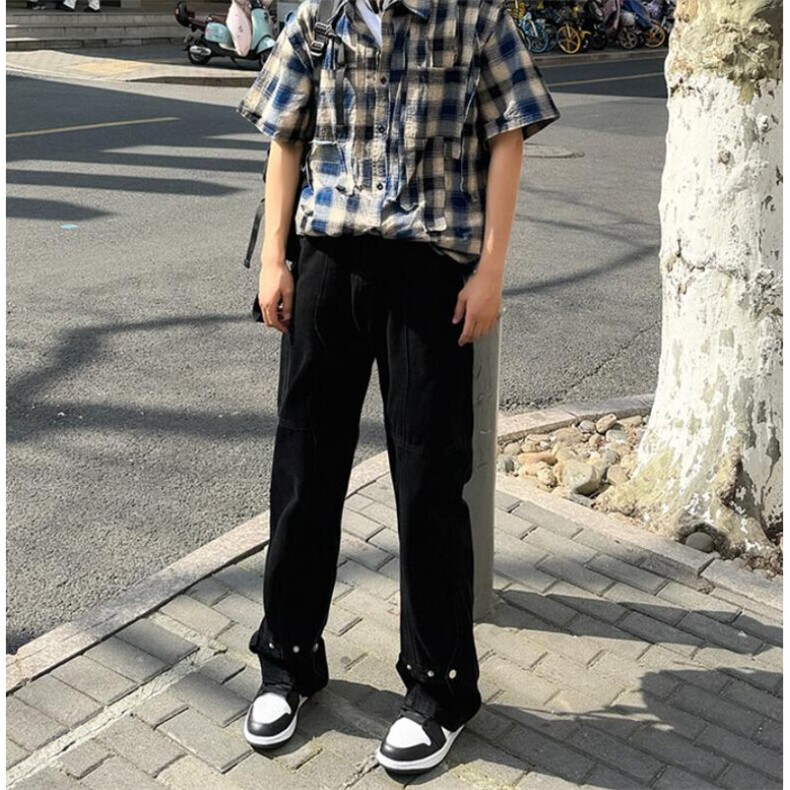 微喇机能拼接扣子牛仔小黑裤潮牌直筒裤男士高街长裤~B783,男装休闲裤,星座601-2