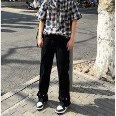 微喇机能拼接扣子牛仔小黑裤潮牌直筒裤男士高街长裤~B783，男装休闲裤，星座601-2