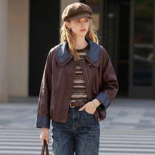 【春季女装新款】大量现货时尚相拼短款皮衣外套，女装皮衣，缘衣格