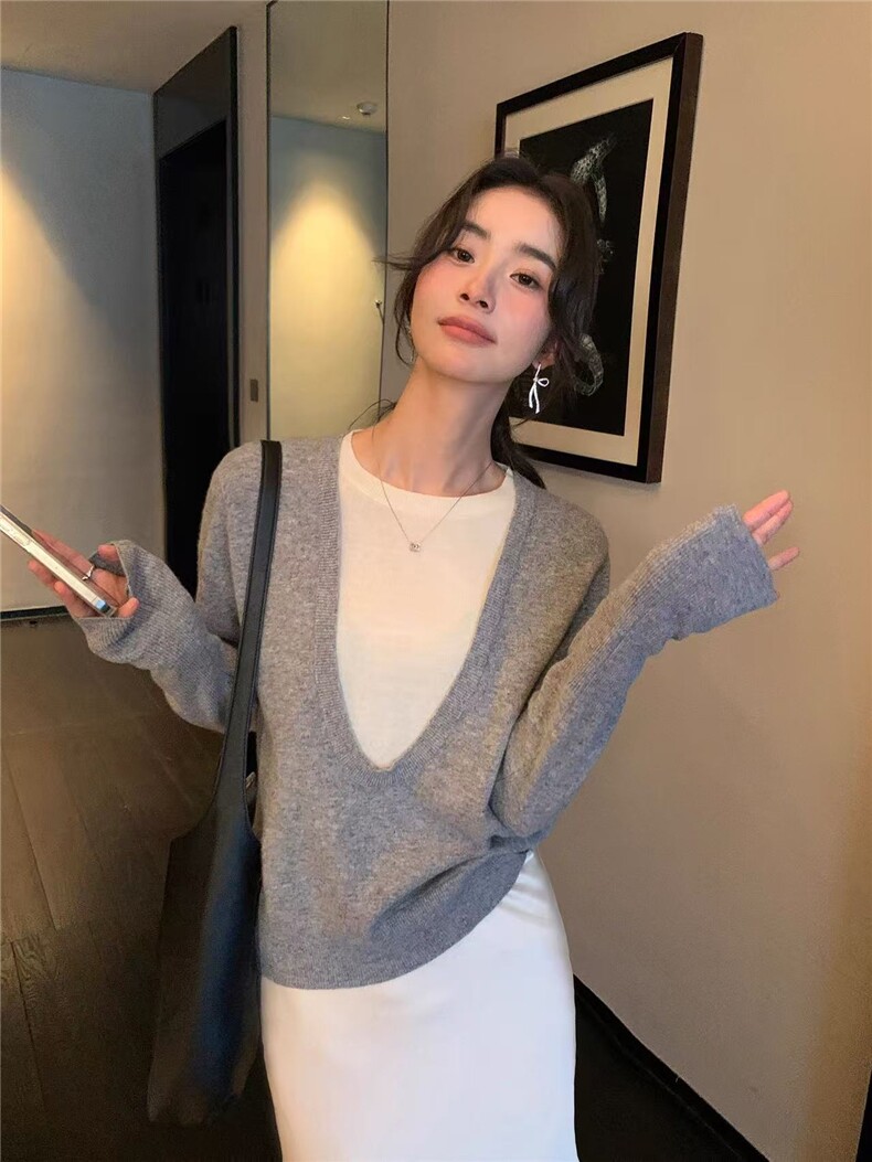 秋冬新款纯色假两件针织衫时尚百搭，女装针织衫/毛衣，悦玛羊绒