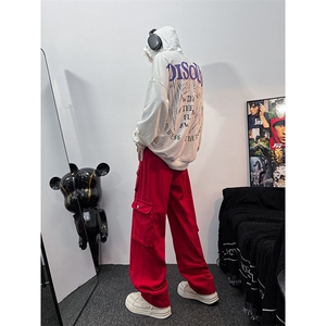 美式ins高街hiphop宽松直筒多口袋工装裤纽扣装饰货号k646P65图片