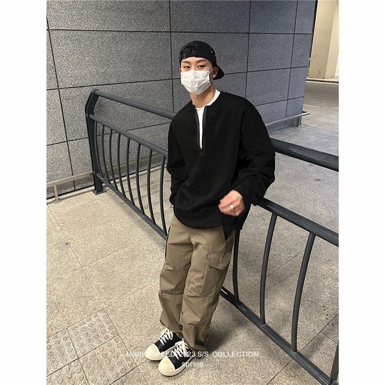 日系长袖卫衣男女宽松复古华夫格情侣T恤重磅纯棉半拉链慵懒上衣,男装T恤,星座302B-2