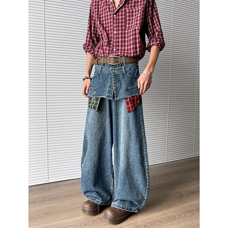 美式复古假两件格子拼接牛仔裤男女春夏新款宽松阔腿裤N07638-P58,男装牛仔裤,星座308B-1