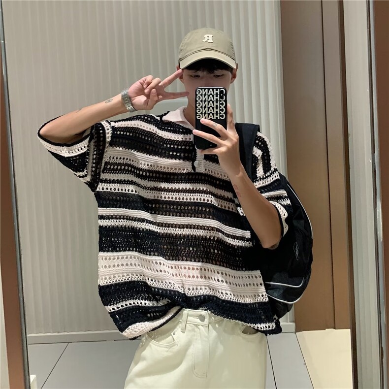 美式复古彩色条纹镂空针织衫夏新款潮牌翻领休闲POLO衫Y39P38,男装Polo衫,星座1116-2