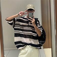 美式复古彩色条纹镂空针织衫夏新款潮牌翻领休闲POLO衫Y39P38，男装Polo衫，星座1116-2