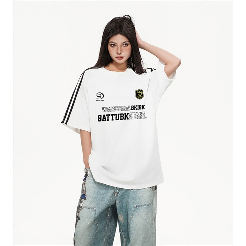 抖音得物高品质二开240克宽松纯棉美式潮牌三条杠织带短袖T恤，男装T恤，电商A486-1