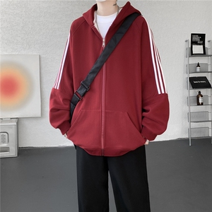 8XL-M秋冬美式运动三条杠条纹开衫卫衣连帽特大码宽松JK5206/P65图片