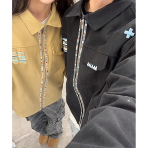 美式复古刺绣工装夹克春秋小众高级感宽松休闲翻领外套W9386图片