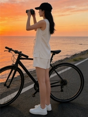 杏色设计感无袖马甲短裤套装女夏款韩版系带假两件上衣短裤两件套，女装套装/套裙，江南