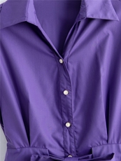 紫色系腰带短袖衬衫女收腰显瘦优雅小衫，女装衬衫，水衣源