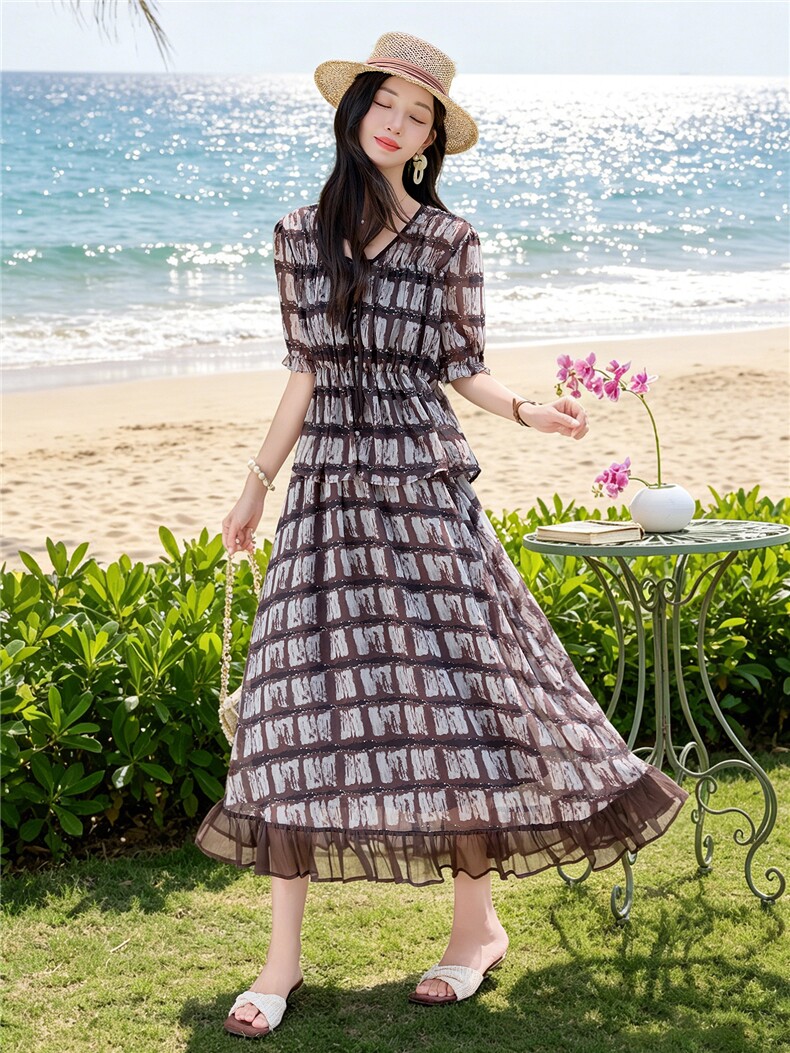 时尚休闲格纹显瘦系带上衣木耳边半裙超仙两件套女,女装套装/套裙,水衣源
