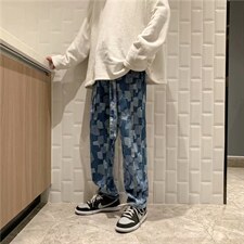 ins高街暗黑格子直筒裤嘻哈潮牌宽松休闲垂感牛仔长裤男k702-p55图片