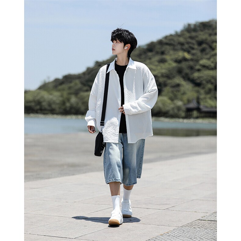 8XL-M泡泡纱盐缩肌理长袖衬衫男夏季冰丝外套防晒衬衣CS29007P40图片