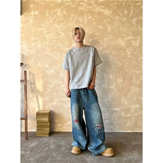 牛仔裤男女美式高街重工贴布拼接裤子复古水洗阔腿垂感休闲裤，男装牛仔裤，四季星座505