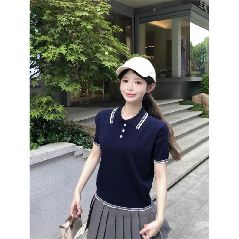 夏季新款女士简约时尚舒适POLO领短袖学院风短袖,女装T恤,恒旺羊绒