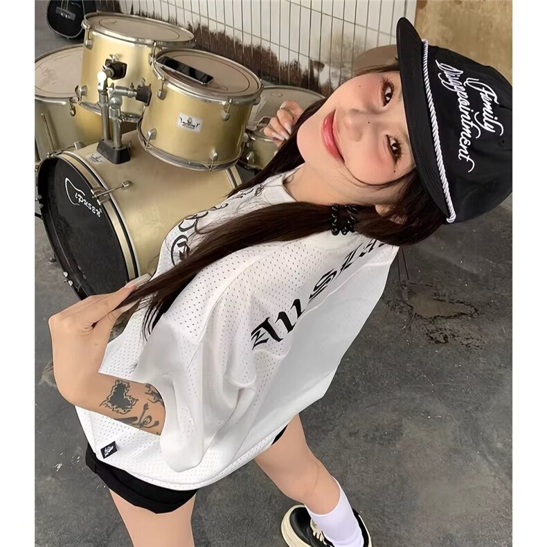 美式运动白色短袖T恤女新款宽松显瘦休闲百搭V领网眼上衣YTX160,男装T恤,星座208-5
