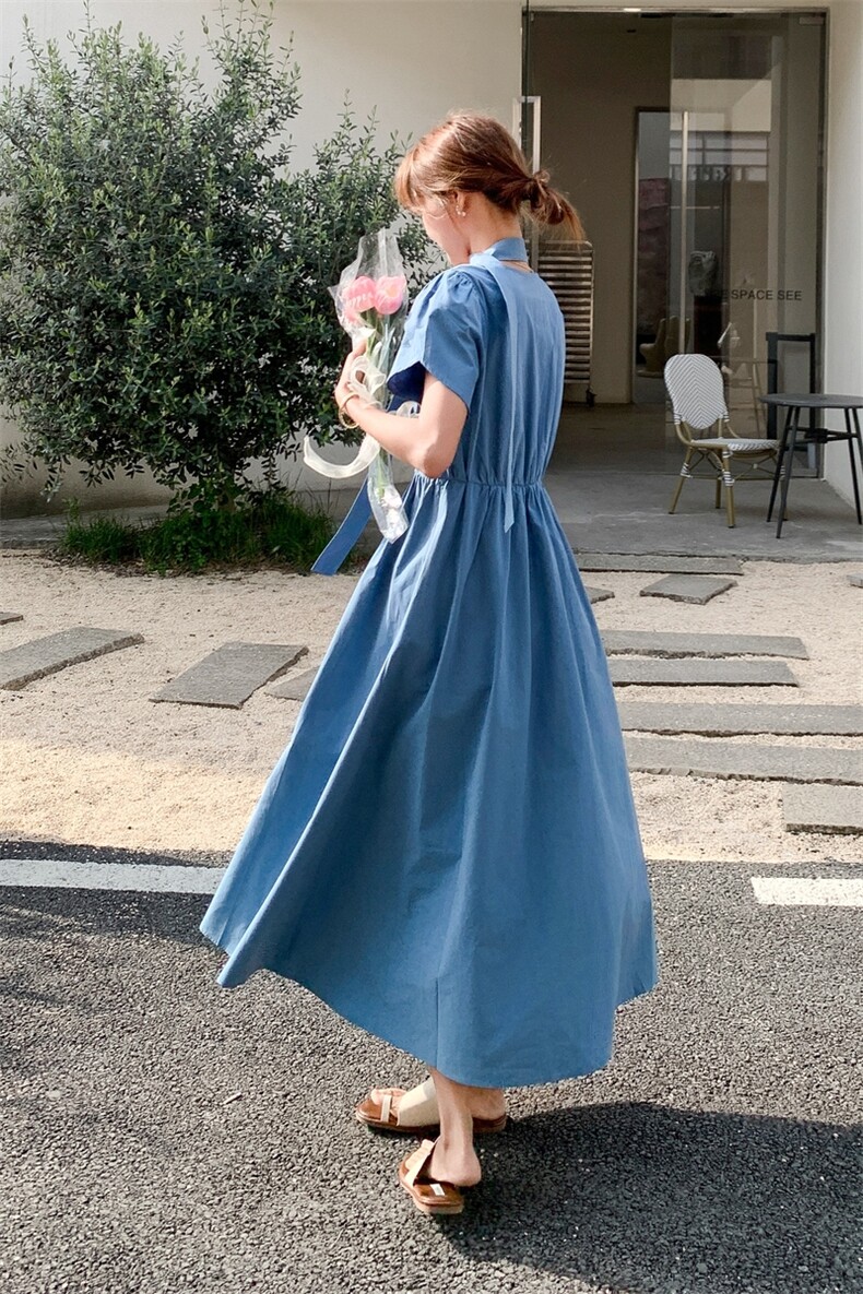 蓝色复古连衣裙女2025年夏季新款韩版设计感气质时尚显瘦A字长裙,女装连衣裙,2C206