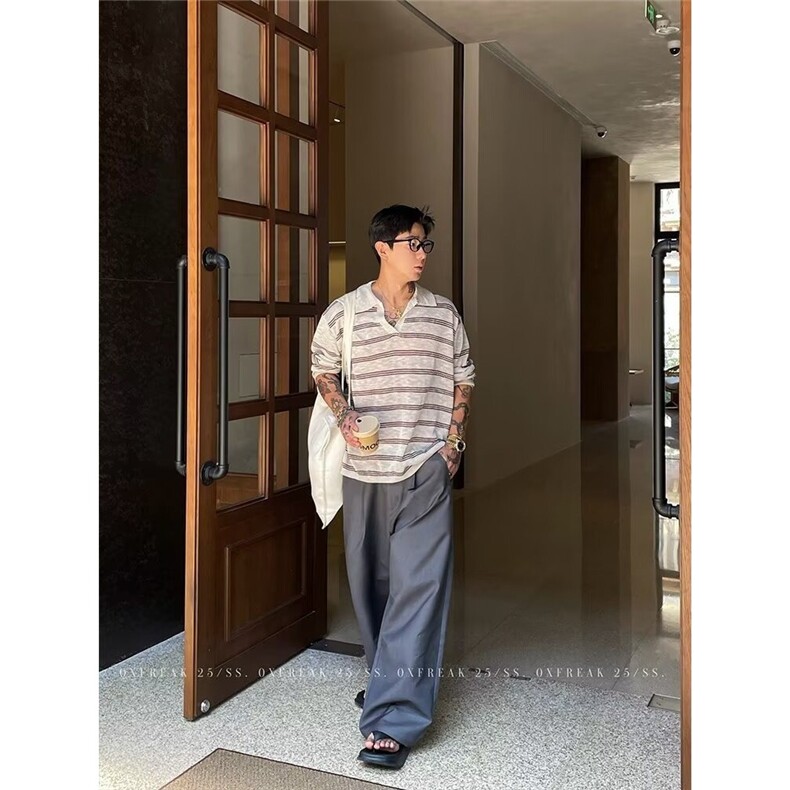 夏季薄款撞色条纹针织长袖T恤男女宽松休闲慵懒防晒上衣，男装防晒衣，星座506A