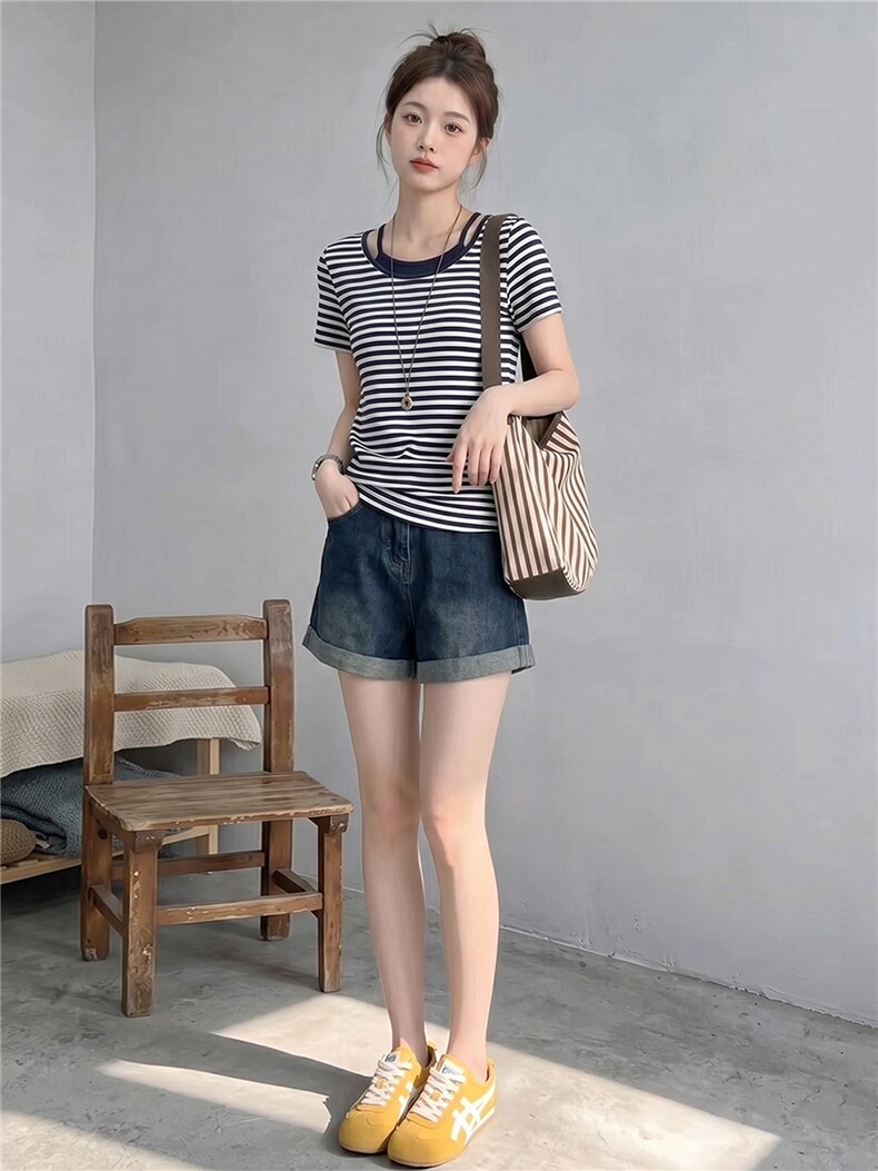 慵懒风时尚休闲套装女夏季新款圆领条纹短袖上衣牛仔短裤两件套潮,女装套装/套裙,江南