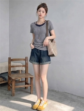 慵懒风时尚休闲套装女夏季新款圆领条纹短袖上衣牛仔短裤两件套潮，女装套装/套裙，江南