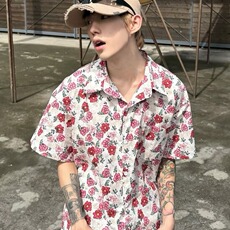 夏季新款美式复古慵懒风满印短袖衬衫设计感半袖衬衣男CS166-p45，男装T恤，星座1008