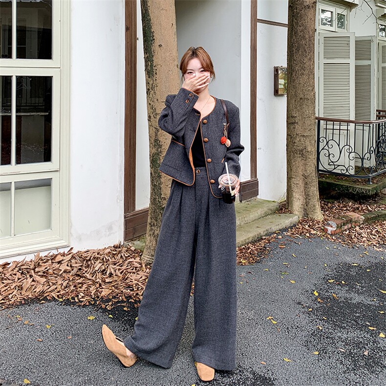 法式复古撞色外套阔腿裤套装女2025秋季新款高级感轻熟显瘦两件套，女装套装/套裙，浙宝301