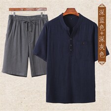 主推款高端夏季男士唐装中年棉麻套装中老年高品质亚麻短袖T恤，男装中老年男装，钱塘723