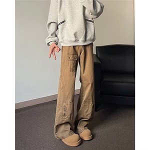 美拉德棕色小众解构设计感牛仔裤男款美式复古宽松直筒微喇工装裤图片