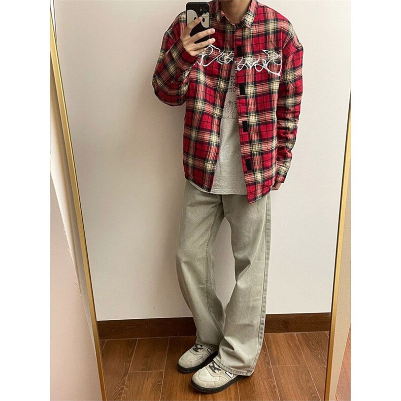 cleanfit红色格子衬衫男款美式复古刺绣长袖衬衣外套CS18-P45,男装衬衫,星座1007（原301D）