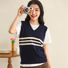 V领撞色条纹纯棉针织马甲百搭气质显瘦内搭无袖背心25春夏新款女，女装背心吊带，伊绒腾羊绒