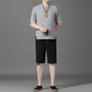 2025夏季亚麻绣花大码风男士透气长裤+短裤三件套MJ5105-P70图片