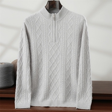 秋冬新款纯色针织半高拉链套头上衣，男装针织衫/毛衣，隆格羊绒
