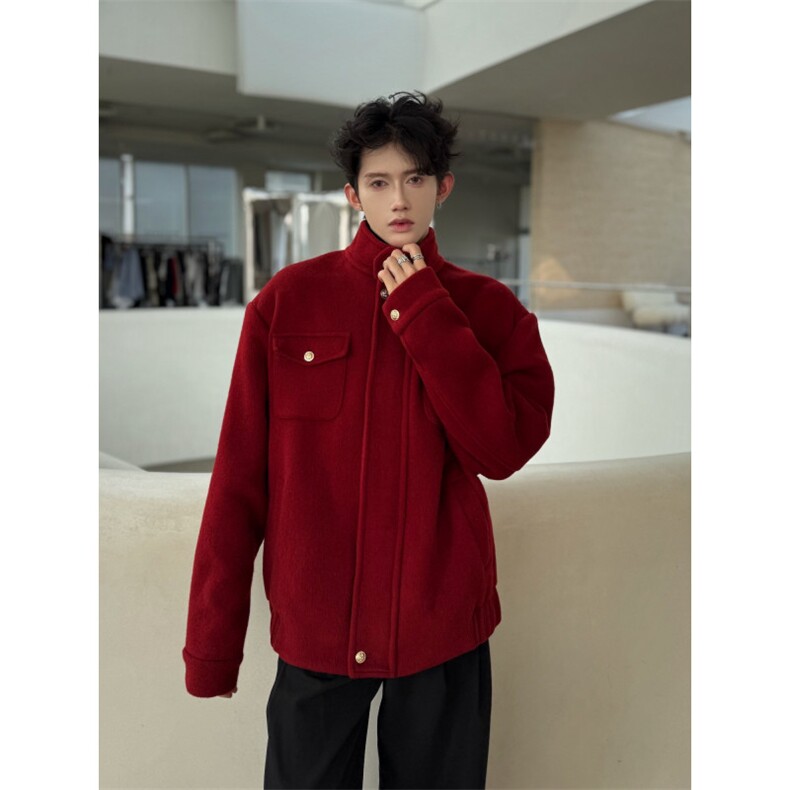 C316JK8349P108秋冬新款毛呢红色百搭夹克衫短款外套工装，男装毛呢大衣，电商C316