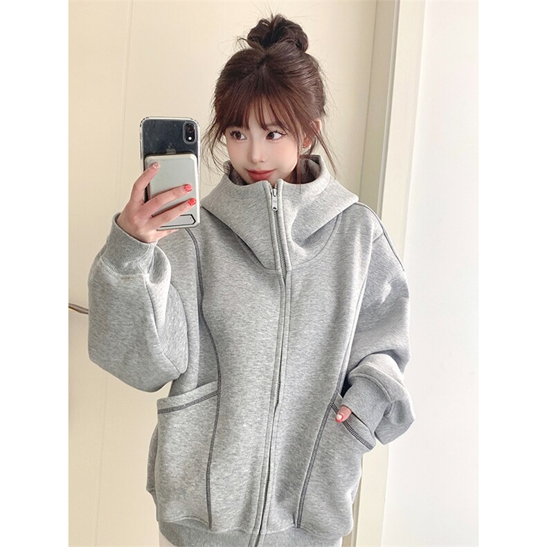 抖音得物高品质秋冬美式高街重磅结构辑明线纹理连帽卫衣外套W111，女装短外套，电商A486-1