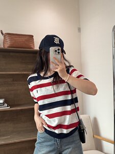 夏季新款简约时尚百搭女士三款条纹刺绣短袖图片