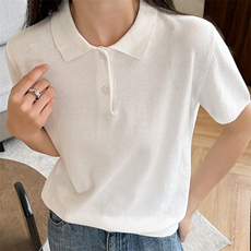 夏季时尚百搭纯棉针织短袖女翻领纯色宽松显瘦上衣t恤女polo衫女，女装T恤，洁纯羊绒
