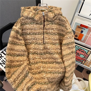 复古渐变毛呢连帽卫衣秋冬条纹男女毛衣针织衫WY12-P60图片