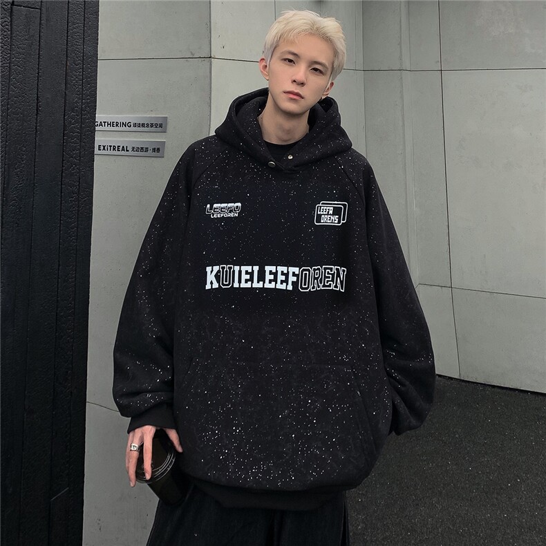 满天星连帽重磅黑色卫衣男女春秋季情侣美式复古上衣外套W109-P68,男装卫衣,电商C307