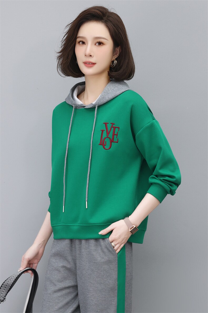 时尚休闲宽松连帽刺绣卫衣套装女秋冬季新款韩版百搭显瘦长袖上衣裤子两件套,女装卫衣/绒衫,依恋蒂丝