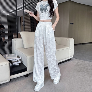 水衣源2247款夏季新款缎面提花垂感凉爽阔腿裤女显瘦中式长裤图片