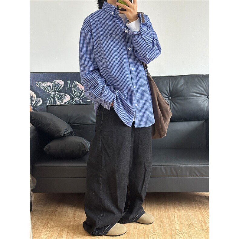 格子衬衫春夏美式蓝色格子衬衫港风情侣装休闲长袖衬衣CS276-P35,男装衬衫,星座301C-5