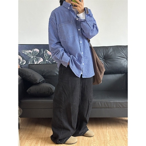 格子衬衫春夏美式蓝色格子衬衫港风情侣装休闲长袖衬衣CS276-P35图片