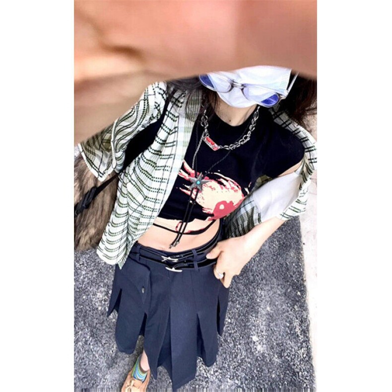 绿白格纹polo领短袖衬衫男女藤蔓刺绣小众中长款上衣CA099,男装T恤,星座1116A（原606A-3）