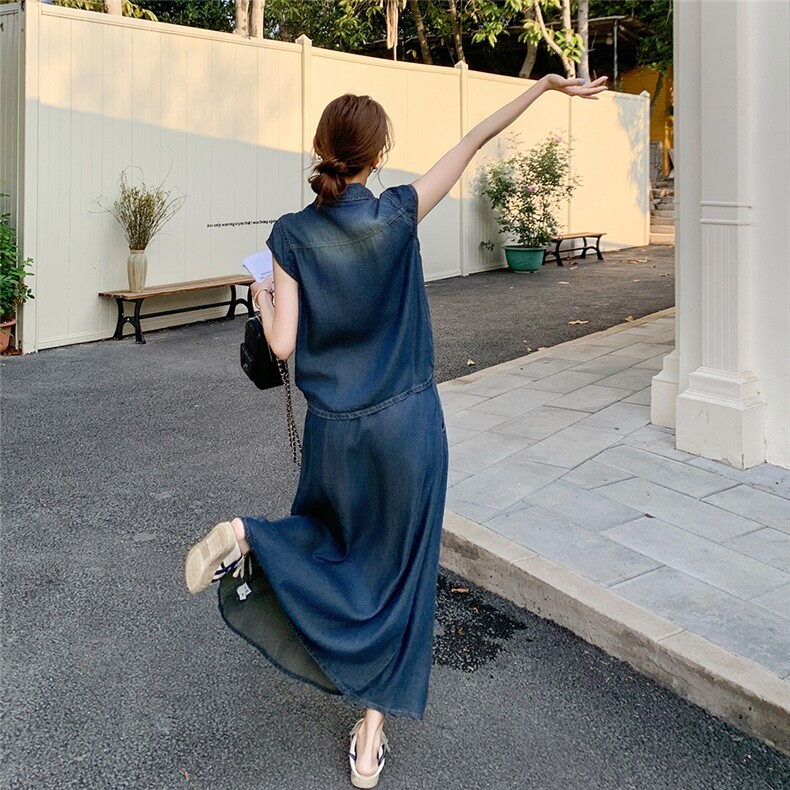 韩系抽皱马甲牛仔套装2025新款女春夏酷飒拽姐高级感半身裙一整套,女装套装/套裙,2C210