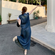 韩系抽皱马甲牛仔套装2025新款女春夏酷飒拽姐高级感半身裙一整套，女装套装/套裙，2C210